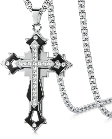 Zinvefa Kreuz Anhänger Halskette Herren,Kreuz Kette Zirkonia Edelstahl Kette Herren Länge der Kette-60CM,Gold/Schwarz/Blau