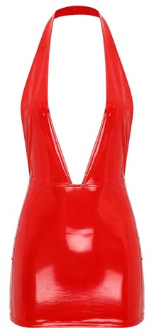 Linjinx Damklänning Lackklänning Wetlookklänning Neckholder Djupv-ringad Bodyconklänning Miniklänning Bleistiftklänning Nattklänning Festklänning Gogo Party Nattklubb, röd, M
