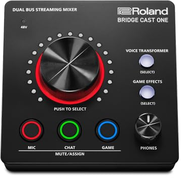 Roland BRIDGE CAST ONE Dual Bus Streaming Mixer Compact Audio Streaming Mixer For Online Gamers & Content Creators 32-Bit Hardware DSP USB-C Windows and Mac Connectivity XLR Mic Support
