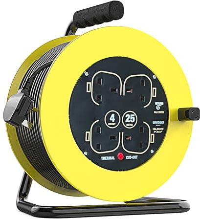 13A Electrical Extension Reel,4 Socket Cable Reel, 25M Heavy Duty Outdoor Extension Lead,Suitable for Indoor and Outdoor