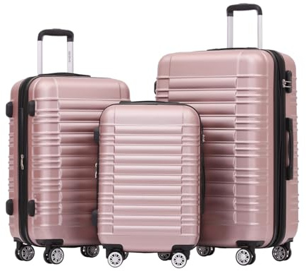 BEIBYE 2088 Zwillingsrollen Reisekoffer Koffer Trolleys Hartschale M-L-XL-Set in 15 Farben, Erweiterbar (Rosagold, Set)