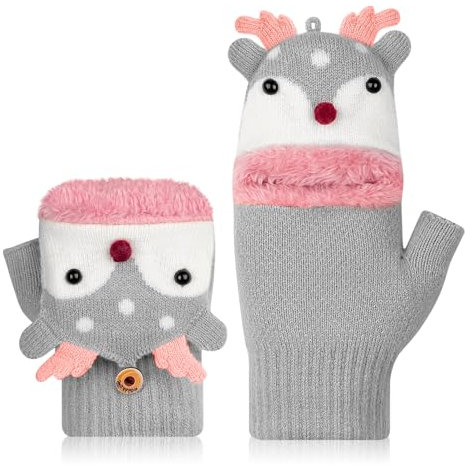 Kiiwah Kinder Halbfinger Handschuhe mit Flip Top, Fingerlose Handschuhe Fäustlinge für Junge Mädchen Warm Strickhandschuhe Plüschfutter Fingerlos Winterhandschuhe Kinder Thermohandschuhe