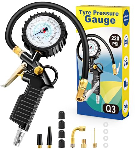 BURNNOVE Reifendruckprüfer 3-in-1 Reifenfüller 220 PSI mit 4 Messeinheiten PSI, BAR, KPA, KG/CM² und Umfangreichem Zubehör Geeignet für Auto, Motorrad und Fahrrad