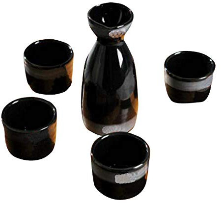 CAFIEDR Exquisites Set mit 5 Sake-Bechern für den Hausgebrauch, Retro-Keramik-Weinsets, Weinkrug-Schwarz