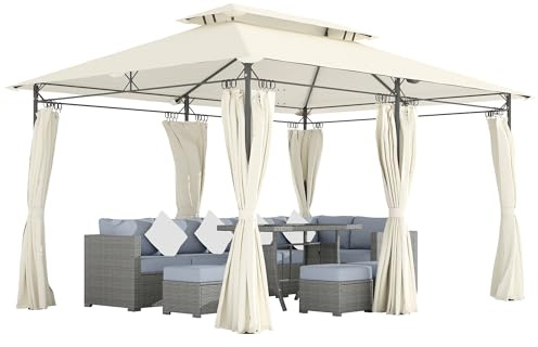 Outsunny Cenador de Jardín 4x3 m, Pabellón de Jardín Gazebo con Doble Techo, 6 Paredes Laterales, Estructura Metálica, Orificios de Drenaje, Carpa para Exterior, Terraza, Patio, Crema
