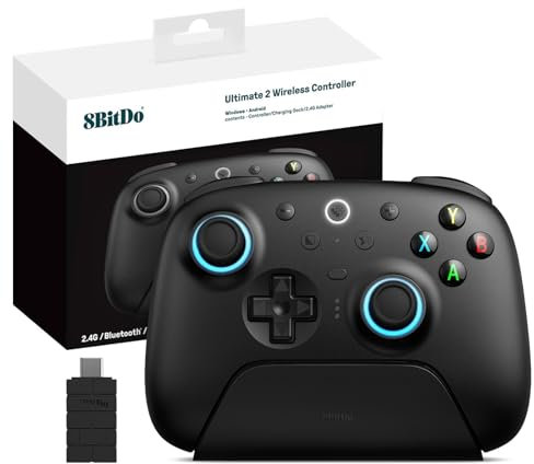 8Bitdo Ultimate 2 Controller Wireless 2.4G per PC Android, Joystick TMR, Effetto Hall Commutabile/Trigger Tattili, Anello Fuoco RGB, 8Speed Wireless Tech Gaming Controller con Dock Ricarica, Nero
