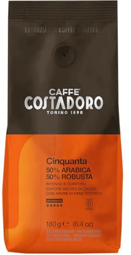 Costadoro Cinquanta, Café Moulu pour Moka, Mélange 50% Arabica 50% Robusta Fin, en sachets de 180g, Goût fort et corsé, Qualité Supérieure Fabriqué en Italie