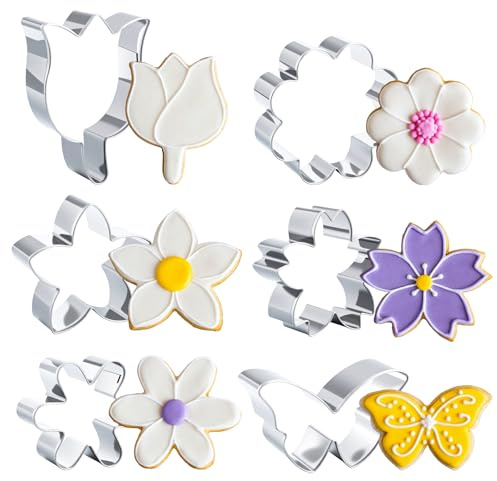 Wanmu 6 Stück Edelstahl Ausstechformen in Blumenform, Sommerblumen Ausstecher Set, Gänseblümchen, Tulpe, Schmetterling, Keks-Fondant-Formen, Keksausstecher, DIY Backwerkzeug Weihnachten