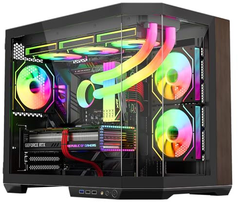 IONZ APEX EMBER Boîtier de jeu PC M/ATX Mid Tower, double chambre – I/O avant de type C, verre trempé avec panneau en bois et 6 ventilateurs ARGB PWM