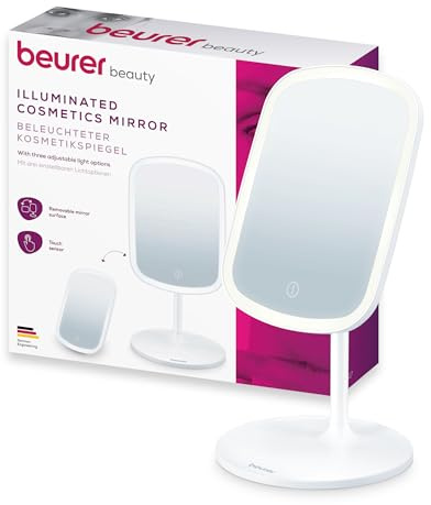 beurer BS 47 Kosmetikspiegel, Schminkspiegel mit Beleuchtung in 3 Lichtfarben, mit Magnethalterung, 360grad drehbar, abnehmbare Spiegelfläche, praktischer Badspiegel mit Ablagefläche, wiederaufladbar