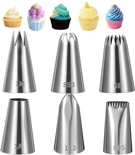 6PCS Large Piping Tips Set, Silver Stainless Steel Cake Decorating Tips, Frosting Icing Nozzles for Cupcakes, Cookies & Wedding Cake (112, 6B, 1A, 853, 895, 1M)