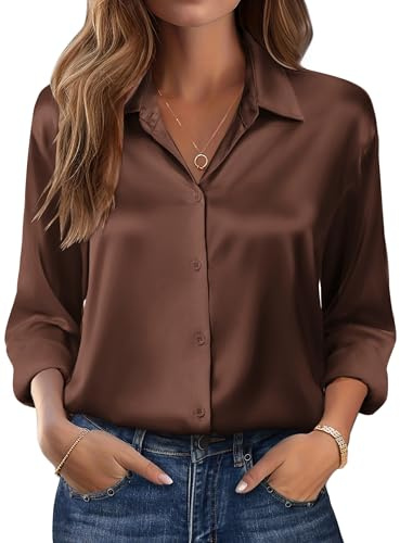 ZEAGOO Blusa de Satén para Mujer Camisa Elegante de Manga Larga con Cuello en V Blusas Básicas con Botones Ropa para Oficina Fiesta y Diario