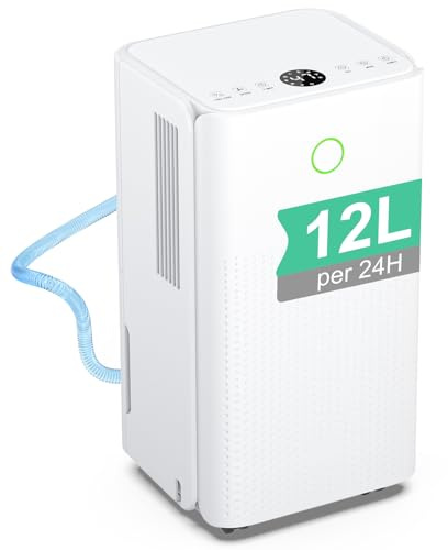 Deshumidificateur d Air 12 Litres/24h, Déshumidificateur Électrique avec 3 Modes, Silencieux, Minuterie de 24h, Drainage Continu, Roues 360°, Efficace Contre l'Humidité pour Maison/Appartement/Cave