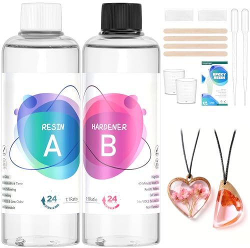 HOTUT Epoxy Resin Crystal Clear Kit, 16oz /474ml Crystal Clear Resin and Hardener with Bonus Sticks and Graduated Cups, High Gloss Resin Kit for DIY Art, Mould Casting, Jewellery Making, Table Top