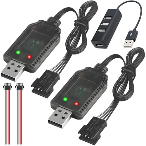 ZHUROUPU 2Pcs 7.4V RC USB Battery Charger with SM-4P Plug Connector for Lipo Batteries, 1000mA RC Cars Drones Portable Charger Cable with LED Indicator, 4 Port USB 3.0 Hub Splitter