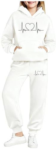 duxyoz 2 Piece Kids Tracksuit Full Set - Pullover Hoodies And Sweatpants Casual Outfit Winter Warm Sport Hooded Sweatshirt with Joggers Pants Sweatsuits Boys Girls White 14-15 Years