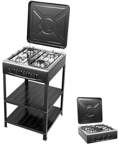 Réchaud à gaz portable à 4 brûleurs pour NG/LPG avec 2 étagères et couvercle, réchaud de camping, réchaud de camping, de jardin, de barbecue, pour camping-car, appartement, cuisine en plein air (noir)