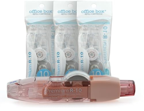 office box Corrector en Cinta Premium R10 Recargable – 10 m x 4,2 mm – Retráctil, Escritura Inmediata, Invisible en Fotocopias – Value Pack 1 Corrector + 3 Recambios = 40 m de cinta. (Pack 3 + Rosa)