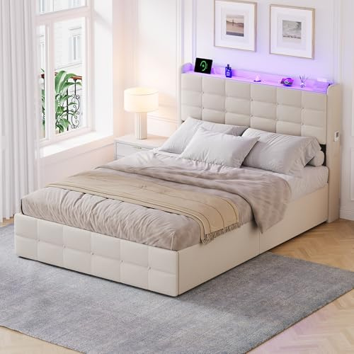 Besbed Double Bed Frame with Storage, 4ft6 Storage Bed with 4 Drawers and Side Pocket, Upholstered Bed with USB and Type-C, Wooden Slats, Metal, Beige, 135x190 cm (No Mattress)