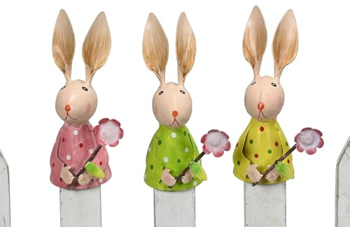 ETC putziger Kleiner Zaunhocker Hase mit Blume Metall bemalt hellgrün rosa gelb ca. 12 cm hoch einzeln oder im farblich sortiertem 3-er Set (3-er Set)