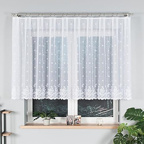 Gardinen Vorhangen Weiß Jacquard 250x120 cm (BxH) Scheibengardine Bonita Fertiggardine Mit Kräuselband Küchengardine Bistrogardine Kurzstore Fensterdeko