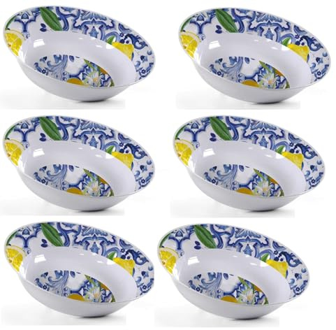 Utilissimi Set 6 Insalatiera Tonda in Melamina 100% cm.25, Design Limoni, Stile Mediterraneo con Maioliche Blu