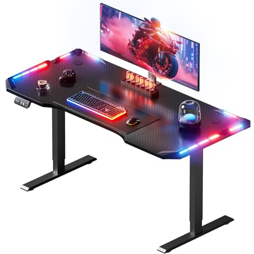 SOLAVERO LED Escritorio Elevable Electrico 120 x 60 cm, Mesa Gaming Elevable con 2 Control de Memoria, Mesa Regulable Altura, Superficie de Fibra de Carbono, Escritorio Gaming Negro