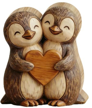 Umarmende Pinguin Deko, 2D Flachbild Holzfiguren Deko mit Herz, Herzliche Deko Figuren für Wohnzimmer, Arbeitszimmer & Bürozimmer, Pinguin Geschenk für Freunde, Kollegen und Pinguinliebhaber