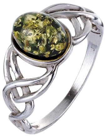HolidayGiftShops Sterling Silver and Baltic Green Amber Ring Celtic Knots