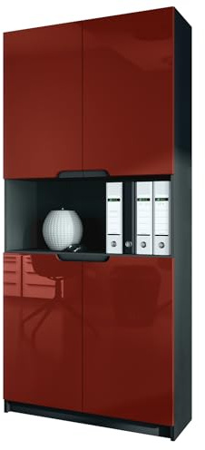 Vladon Büroschrank Logan V2, Made in Germany, Aktenschrank mit 5 Fächern und 4 Türen, Schwarz matt/Bordeaux Hochglanz (82 x 184 x 37 cm)
