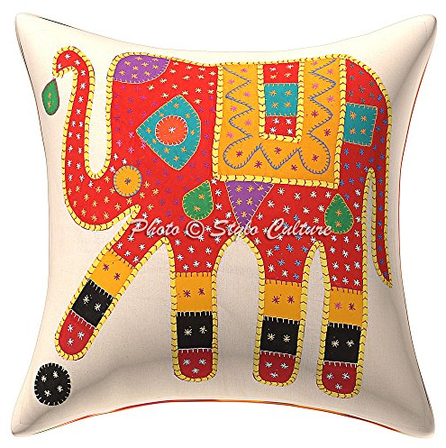 Stylo Culture Boho Forros De Cojines Decorativa 60x60 cm Algodón Elefante Fundas Almohadones Sofa Rojo 24x24 Inch Apliques De Patchwork Cuadrado sobre Fundas De Almohadones para Cama - 1 Pc