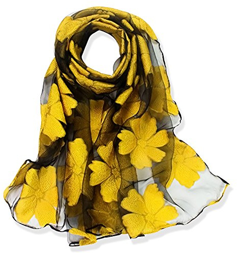 YFZYT Lady Donna Elegante Scialle Sciarpa Morbida Collo Wrap Foulard Stola con Motivo Foglie Ricamate - Fiore Giallo