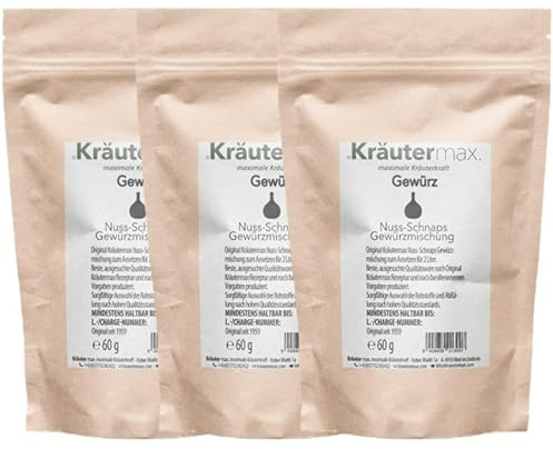Kräutermax Nuss Schnaps Gewürz | Nussschnaps zum Ansetzen | Schnaps selber machen | Ansatz für 2 Liter Nussschnaps pro Päckchen | Ansatzmischung 3 x 60 g