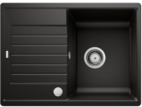 BLANCO ZIA 45 S Compact - Fregadero de granito de granito de SILGRANIT negro | Tipo de montaje: instalación desde arriba | Reversible | Para armarios inferiores de 45 cm de ancho | Gran lavabo | | [68 x 50 x 20,2 cm] | para armarios inferiores de 45 cm de ancho | fácil de limpiar | lavabo grande | reversible