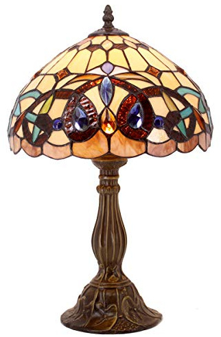 WERFACTORY Tiffany Style Table Lamp Stained Glass Serenity Victorian Bedside Lamp Desk Reading Light 12X12X18 Inches Decor Bedroom Living Room Home Office S021 Series