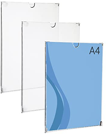 Danieli Store - Kit de 3 Soporte Policarbonato A4 Resistente para Pared. Expositor de Pared Transparentes con Adhesivo para Superficies Duras. Porta Carteles con Apertura de 180°. Antirrayas