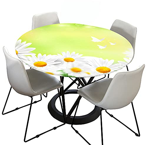 Tischdecke Abwaschbar Rund 120cm, Elastisch Lotuseffekt Tischdecke Outdoor 3D-Druck Tischdecken Daisy Table Cloth für Garten Restaurant, Ideal für 100cm-110cm