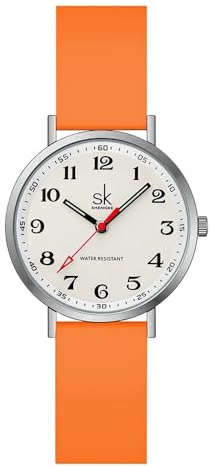 SHENGKE Fashion Schrubben Damen Sportuhr mit leicht ablesbarem Zifferblatt, arabischer Nummer und Silikonband, wasserdicht (Silver Orange)