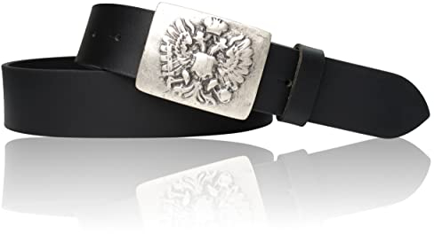 FRONHOFER Trachtengürtel Herren Echtleder 4 cm mit österreichischem Doppeladler Altsilber Schnalle 5 x 7 cm Druckknopf zum Wechsel für Lederhose und Jeans