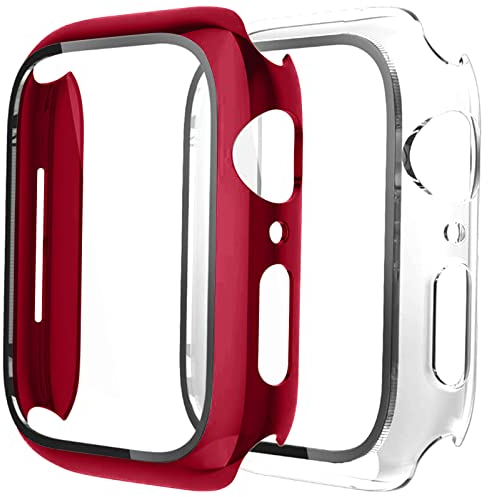2 Stück Hülle Kompatibel mit Apple Watch 45mm mit Kratzfestes Displayschutz Schutzfolie,Ultradünne Schutz Case Schutzhülle für iWatch Series 8/7,Rot/Clear,45mm