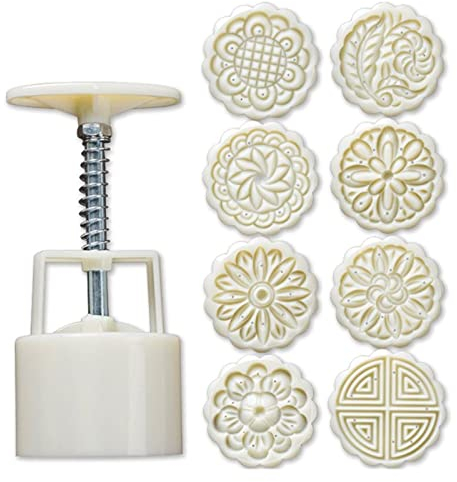 JKUHA Moon Cake Mould 75g with 8 Pcs Hand Press Cookie Stamp Mooncake Mold Pastry DIY Tool