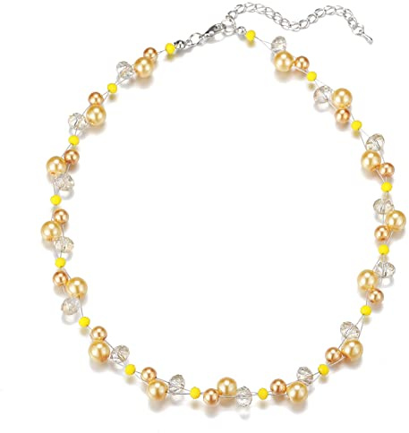 Bulinlin Damen Kristall Perlenkette Silber Boho Statement Choker Halskette für Frauen Modeschmuck Geburtstagsgeschenke（Yellow）