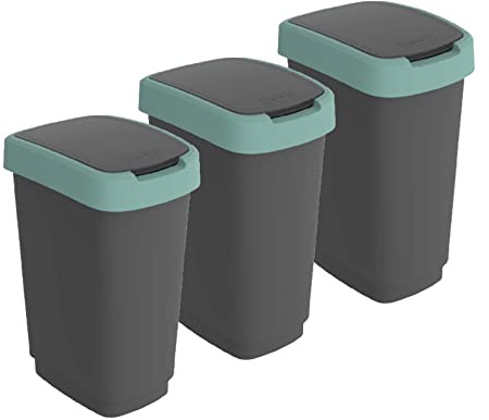 Rotho Twist Mülleimer Küche 3er-Set 25 L mit Deckel schmal Schwarz/Türkis | Abfalleimer Küche, Mülleimer mit Deckel, 3er-Set für Recycling Center, Schwing- und Klappdeckel, platzsparende Form