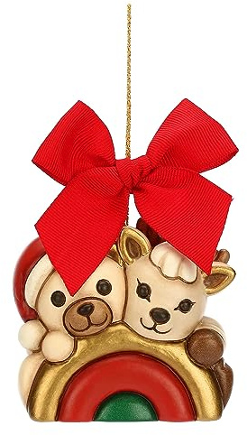 THUN - Addobbo Natalizio Teddy e Renna Robin in Ceramica Decorata a Mano, Versione Maxi, Decorazioni Natale Casa, 7.3x5x7 cm h