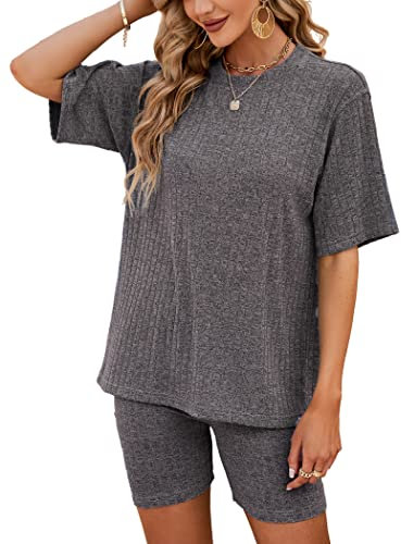 NIUDAU Damen Freizeit Basic 2 Teilig Anzug Sommer Elegant Zweiteiler Outfit Set für Frauen Streetwear Oversize Tracksuit Set Kurzarm Shirt High Waist Shorts