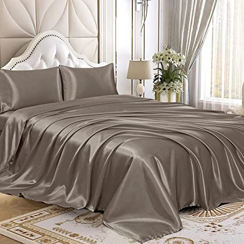 Homiest Set di lenzuola in raso, 4 pezzi, set di biancheria da letto in raso di seta di lusso con tasca profonda, 1 lenzuolo con angoli + 1 lenzuolo di sopra + 2 federe (king size, marrone stagnola)