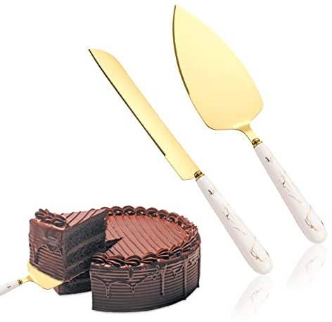 Taasmoog Gold Hochzeits Tortenmesser und Server Set, 2-teiliges Kuchenbesteck Set aus Edelstahl, Personalisiert, Tortenheber für Alltag, Hochzeit, Geburtstag, Partys, Spülmaschinenfest, 28 cm lang