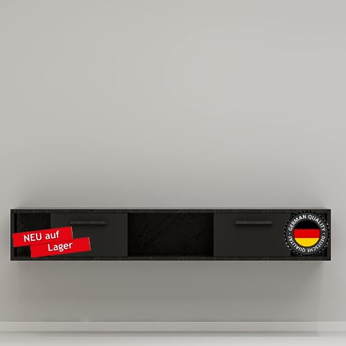 moebel17 TV-Schrank, Fernsehtisch,TV Lowboard,TV Tisch,Sideboard Aldora hängend, Schwarz Marmor Optik, Holz, mit Türen viel Stauraum,Board für Wohnzimmer,Hängeboard 160 x 30 x 30 cm, 9598