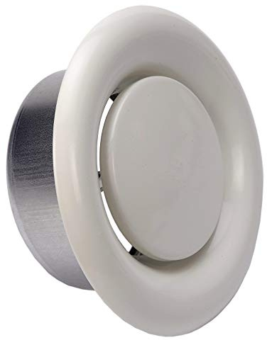 DEMLOU Válvula de Disco Regulable Ø125 mm, Difusor de Aire Metálico Blanco. | Acero galvanizado blanco RAL 9010, flujo regulable de entrada o salida; para tubo Ø125 mm en techo o pared.