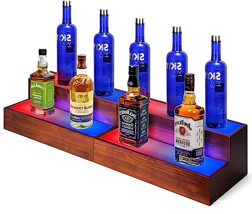 B4Life LED Lighted Liquor Bottle Display Shelf,2 Tier Real Wood Illuminated Bar Liquor Shelves Bottle Display with Remote App Control(2 Pack)